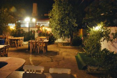 Ege Akdeniz restoranı güzel bir bahçede ağaçlara ve masalara asılı şirin lambalarla