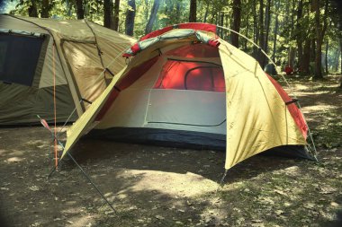 Ormanda çok renkli ön kapısı olan bir kamp çadırı.