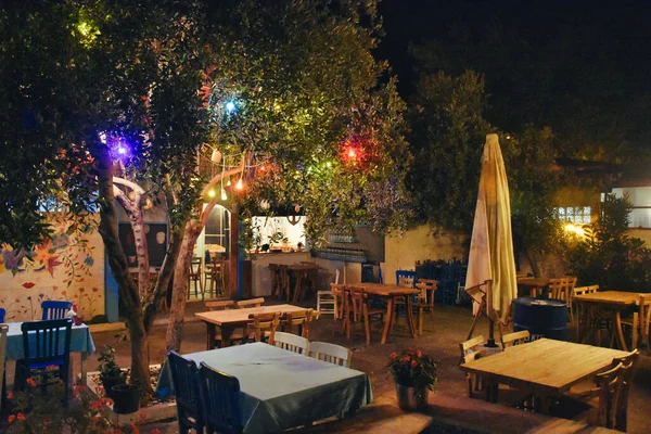 Restaurante Mediterrâneo Egeu Lindo Jardim Com Lâmpadas Bonitos Pendurados Árvores — Fotografia de Stock