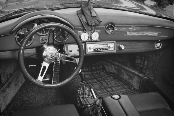 Retro Stylu Obraz Starego Radia Samochodowego Vintage Porsche Kierownicy — Zdjęcie stockowe
