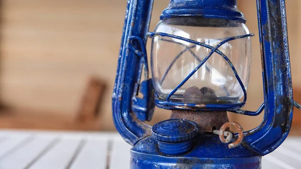 Old Blue Oil Lamp Wooden Table — Stock Photo, Image