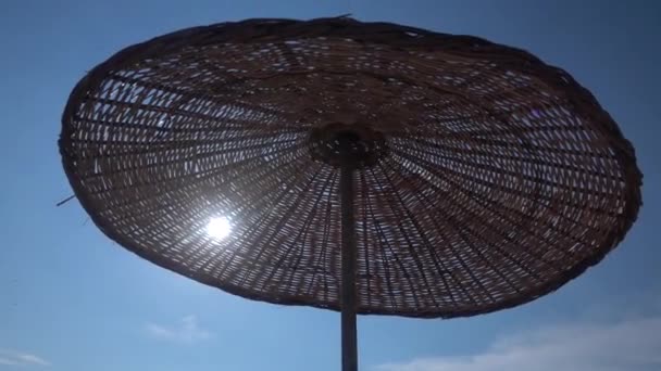 Beach Paraply Svingar Från Vinden Och Flygande Fåglar Himlen — Stockvideo