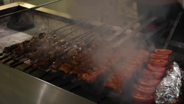 Preparazione Kebab Adana Kebab Shish Kebab Fegato Cotti Sul Barbecue — Video Stock