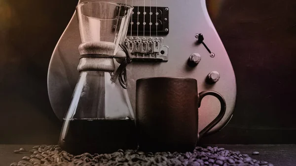 Guitarra Elétrica Sobre Bokeh Fundo Colorido Como Papel Parede Xícara — Fotografia de Stock