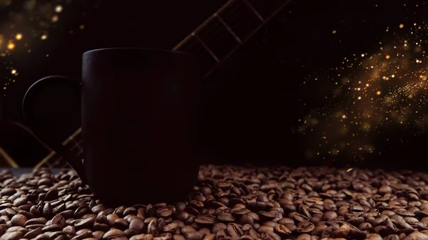 Kaffemugg Framför Gitarr Gyllene Glitter Och Kaffebönor Marken — Stockfoto