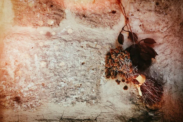 Bouquet Fleurs Millepertuis Séchées Feuilles Séchées Accrochées Vieux Mur Pierre — Photo