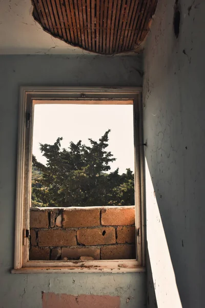 放棄された家のレンガや木を見下ろす窓からの眺め — ストック写真