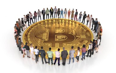 Kripto topluluğu. Beyaz arka planda bir grup insan tarafından çevrelenmiş dev bir Bitcoin para. Yaratıcı kavramsal çizim. 3B görüntüleme.