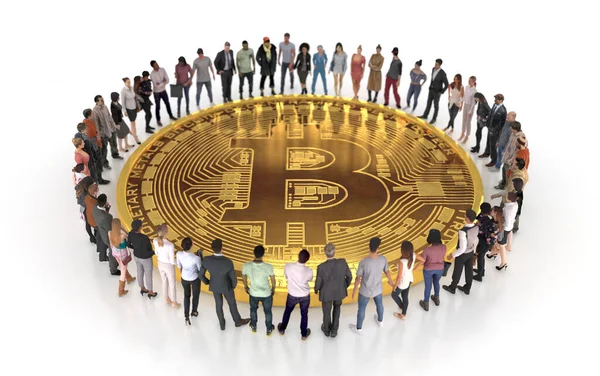 暗号コミュニティ 白い背景の人々のグループに囲まれた巨大なBitcoinコイン 創造的な概念図 3Dレンダリング — ストック写真