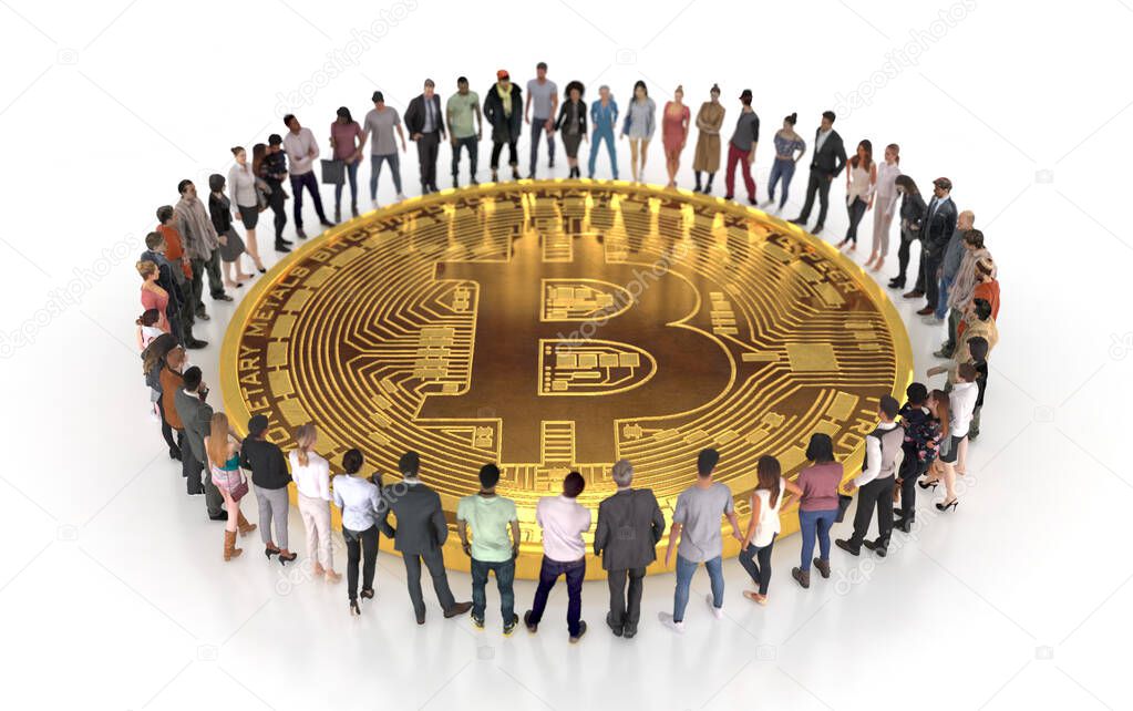 Crypto community. A huge Bitcoin coin surrounded by a group of people on a white background. Creative conceptual illustration. 3D rendering.
