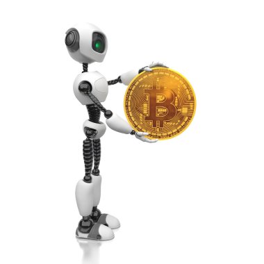 Robot ticareti. İnsansı bir robot elinde altın bir Bitcoin para tutuyor. Beyaz arka planda yaratıcı kavramsal çizimler. 3B görüntüleme