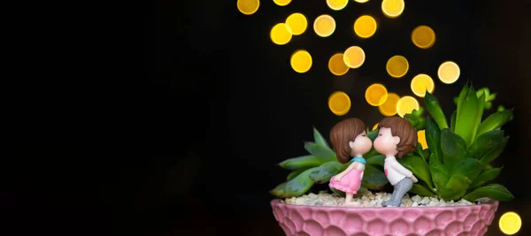 Banner Composition Succulents Mini Sculptures Girl Boy Kissing Love Yellow — стокове фото