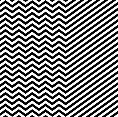 Aynı kalınlıkta siyah ve beyaz çizgilerin değişimi. Zigzag deseni, çapraz çizgi, üçgenler. Ortasında başlıklar, yazılar ya da diğer resimler için boş bir beyaz kutu var. Görüntü