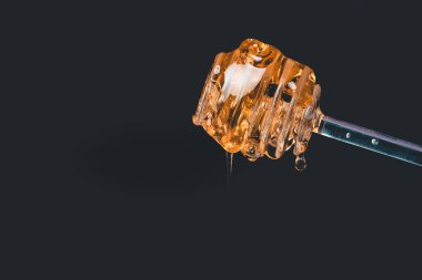 Bal kaşığından damlayan balın yakın çekimi.