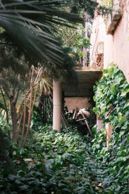 Yapıyı kaplayan bitki örtüsü ile harabeler halinde inşa edilmiş..