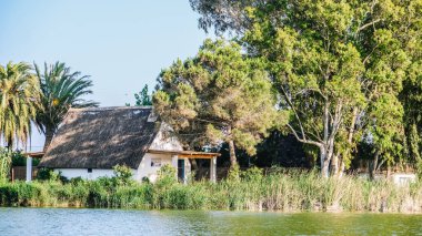 Gölün yanındaki bitki örtüsünün içinde bir ev..