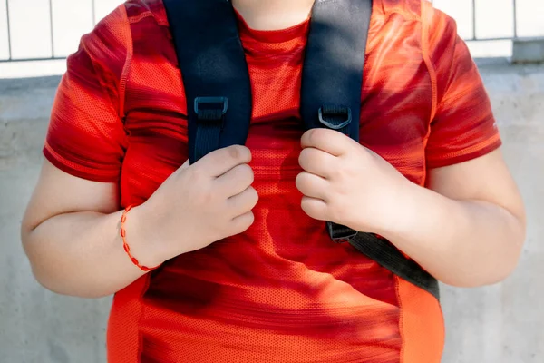 Back to school. Child holding backpack straps.