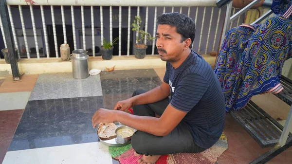Portrait Middle Aged Hungry Handsome Man Sitting Floor Indian Man — Foto de Stock