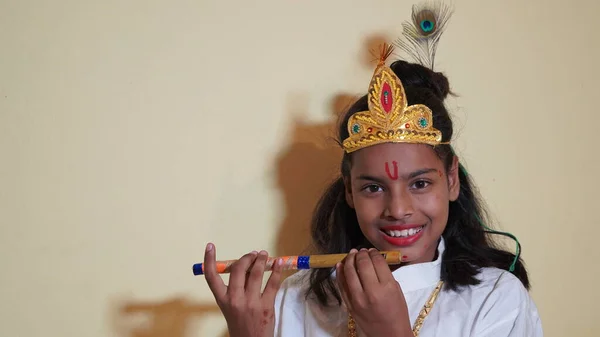 Asian Boy Posing Shri Krishna Kanhaiya Fancy Dress Gokulashtami Festival — Stockfoto