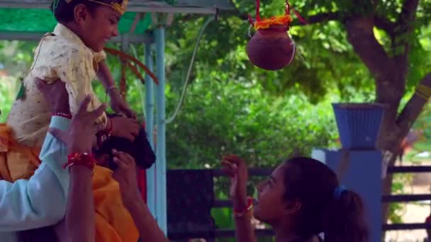 Little Boy Govinda Dress Breaks Dahi Handi Sitting His Father — Stock Video