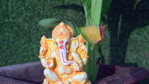Ganpati Ganesha Είδωλο Φυτό Μπανάνα Άνθρωποι Λατρεύουν Άγαλμα Της Γκανέσα — Αρχείο Βίντεο