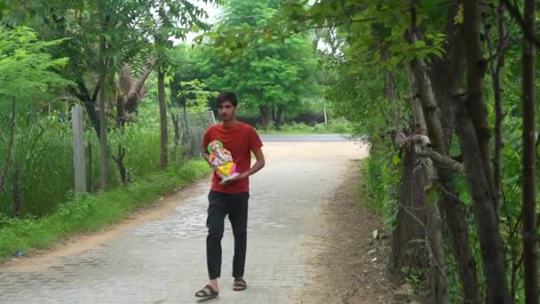 ガネシャ公の彫刻を持つ若いインドの少年 ガネシャ祭を祝い — ストック動画