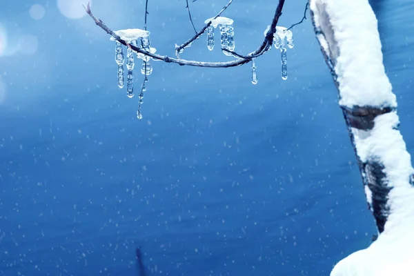 Eiszapfen Auf Ästen Eiszapfen Hängen Über Der Wasseroberfläche Stockfoto
