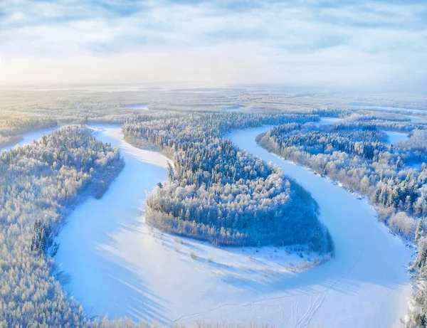 Paysage Hivernal Vue Aérienne Paysage Avec Rivière Sinueuse Forêt Enneigée Image En Vente