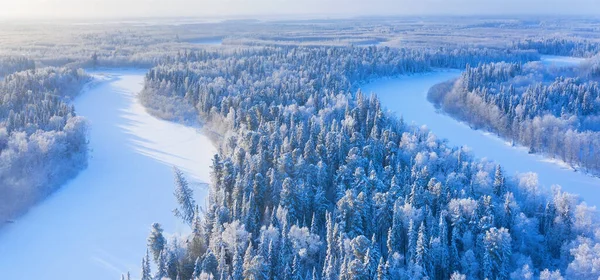 Paysage Hivernal Vue Aérienne Paysage Avec Rivière Sinueuse Forêt Enneigée Images De Stock Libres De Droits