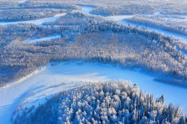 Paisaje Invernal Vista Aérea Paisaje Con Sinuoso Río Bosque Nevado — Foto de Stock