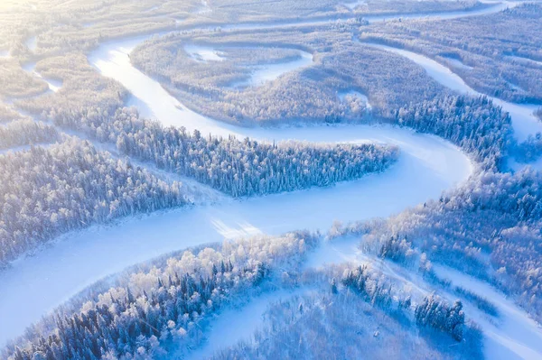 Зимовий Пейзаж Вид Повітря Ландшафт Звивистою Річкою Сніговим Лісом Західному Стокова Картинка
