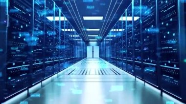 Veri Merkezi 'ndeki Rack Sunucularından Kamera Geçiyor. Büyük Veri Deposu. Modern İnternet Ağı
