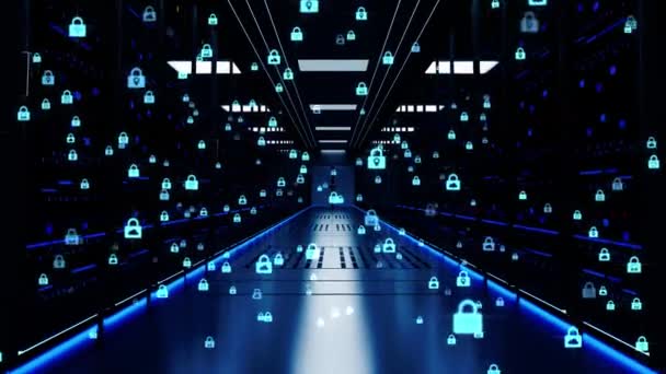 Digital Data Flow Through Rack Servers tunnel in Data Center. 사이버 보안, 데이터 저장, — 비디오