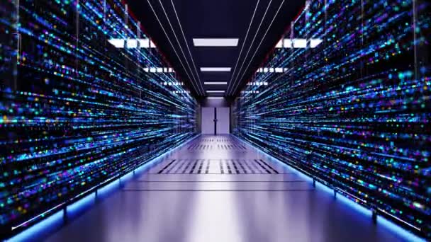 3D 4K Rede e servidores de energia de dados painéis de vidro em uma sala de servidores data center ou ISP Loop Backgrounds. — Vídeo de Stock