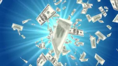 100 dolarlık banknotlar döngülü animasyonlar halinde uçuyor. 4K Alfa maskesi. Para Yığını
