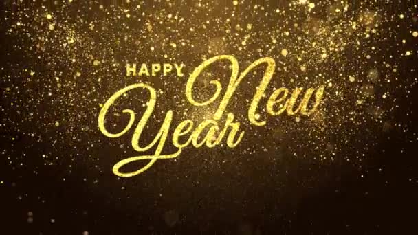 2022 Šťastný Nový rok uvítání text s částicemi a jiskry na černé noční obloze pohyb ohňostroje — Stock video