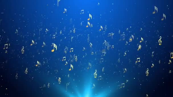 Mavi parlak müzik notaları uçan ışık döngüsü animasyonu. — Stok video