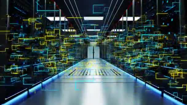 Digitale informatie reist glasvezelkabels netwerk en data servers kamer Loop Animatie. — Stockvideo