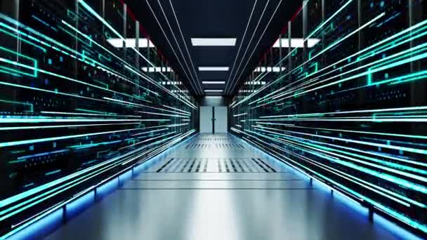 4K Loop datacenter med glødende kredsløb linjer kører langs væggen Baggrund. – Stock-video