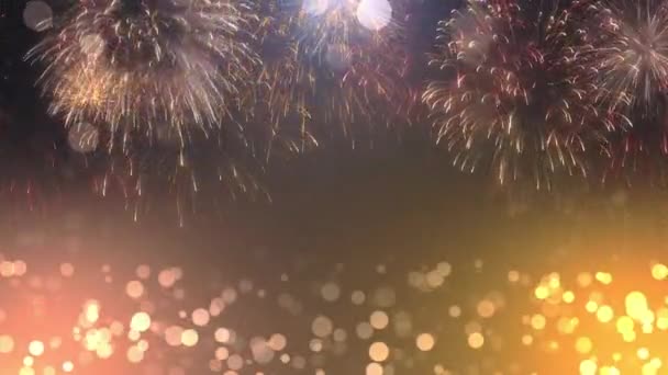 4K Vackra flerfärgade fyrverkerier på natthimlen. Nya år Fyrverkerier visar explosioner — Stockvideo