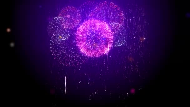 Blue big shiny fireworks bokeh lights in the night sky firework show. — Stock Video