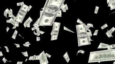 Para yağmuru arka planında 4K Yeşil ekrana düşen 100 dolarlık banknotların animasyonu