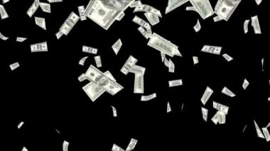 Yeşil ekrana düşen 100 dolarlık banknotların 4k animasyonunda para yağmuru 3D arka plan. İş başarısı kavramı, zengin, milyoner, piyango ve bolluk. 3D Para Yağmuru.