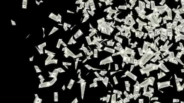 Para yağmuru animasyonu. 100 dolarlık banknotlar yeşil ekrana ya da krom anahtara düşüyor. — Stok video