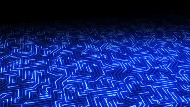 4K 루프 추상적 인 전자 파란색 회로 기판 인공 지능 배경. — 비디오