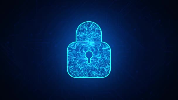 4K Loop Cyber beveiligingsconcept. Lock symbool van lijnen en driehoeken, punt aansluiten netwerk op blauwe achtergrond. — Stockvideo