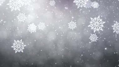 4K Kar, kışın Noel döngüsünde mavi parçacıklarla beyaz gökyüzüne düşüyor..