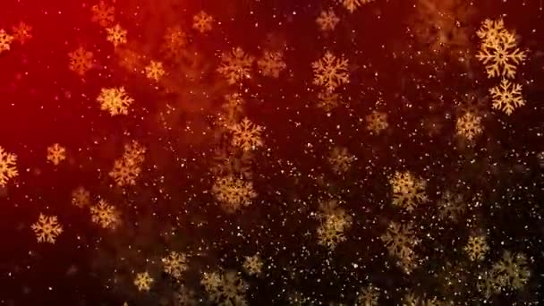 Golden confetti sneeuwvlokken en bokeh lichten op de Red loop 4k 3D achtergrond. 2022 2023 2024 — Stockvideo