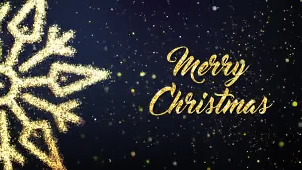 4Kゴールデンメリークリスマスループの背景アニメーション、輝く雪の結晶、星と粒子. — ストック動画