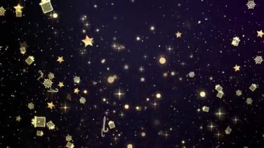 4K Kar, kışın mavi parçacıklarla altın gökyüzüne düşüyor..